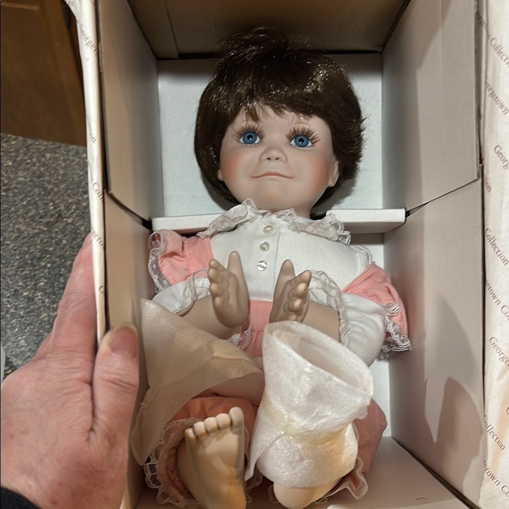 Porcelain Doll with Pink Dress and Brown Hair